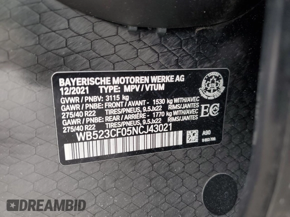 2022 BMW iX xDrive50 with VIN WB523CF05NCJ43021, listed as a Copart auction lot 87864125 with 28,976 mi miles and Salvage Title. Bid and sale history available at carsss.com. Image 13.
