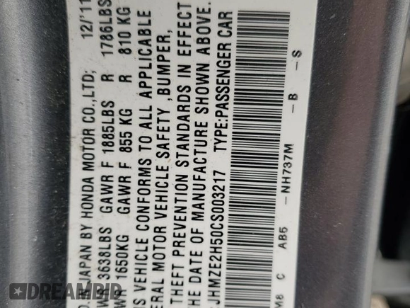 2012 Honda Insight LX with VIN JHMZE2H50CS003217, listed as a Copart auction lot 47982725 with 168,382 mi miles and Salvage title. Bid and sale history available at DreamBid. Image 15.