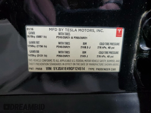 2016 Tesla Model S 90D with VIN 5YJSA1E49GF124514, listed as a Copart auction lot 53864125 with Not provided miles and Salvage title. Bid and sale history available at DreamBid. Image 12.
