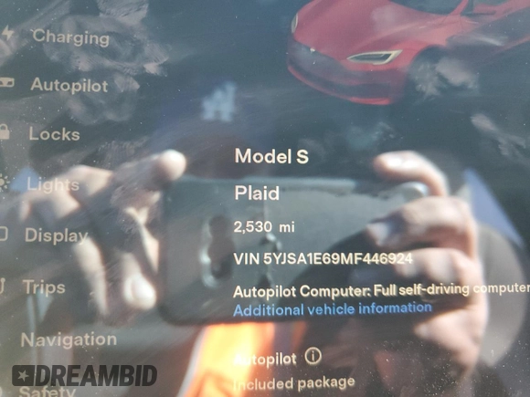 2021 Tesla Model S Plaid с VIN 5YJSA1E69MF446924, выставлен на аукционе Copart как лот 87644725 с пробегом 2 530 миль миль и Списание • Salvage title. История ставок и продаж доступна на DreamBid. Изображение 9.