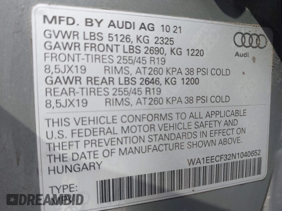 2022 Audi Q3 S line Premium Plus with VIN WA1EECF32N1040652, listed as a IAAI auction lot 42140861 with 43,452 mi miles and . Bid and sale history available at DreamBid. Image 9.
