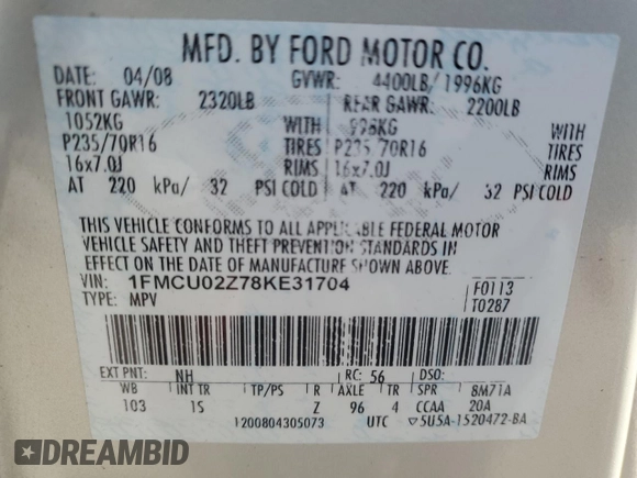 2008 Ford Escape XLS z VIN 1FMCU02Z78KE31704, wystawiony jako Copart lot #45279665 z przebiegiem Nie podano mil oraz Czysty tytuł • Clean title. Historia ofert i sprzedaży dostępna na DreamBid. Obrazek 13.