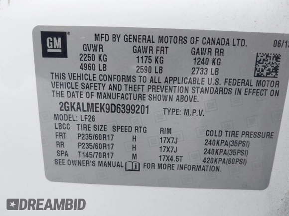 2013 GMC Terrain SLE with VIN 2GKALMEK9D6399201, listed as a IAAI auction lot 42304543 with 157,019 mi miles and . Bid and sale history available at DreamBid. Image 9.