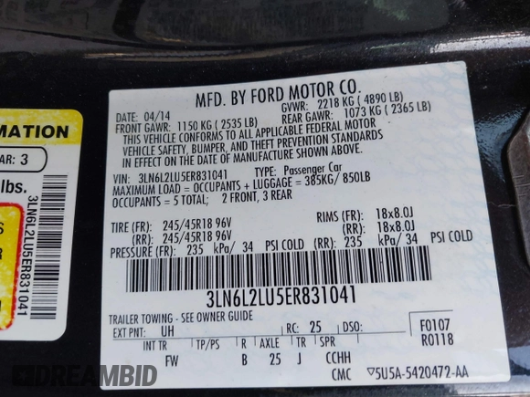 2014 Lincoln MKZ Hybrid z VIN 3LN6L2LU5ER831041, wystawiony jako IAAI lot #42447895 z przebiegiem 92 102 mil mil oraz . Historia ofert i sprzedaży dostępna na DreamBid. Obrazek 9.