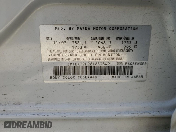 2008 Mazda 3 i Touring with VIN JM1BK32F281853849, listed as a Copart auction lot 49142235 with 137,231 mi miles and Salvage Title. Bid and sale history available at carsss.com. Image 14.