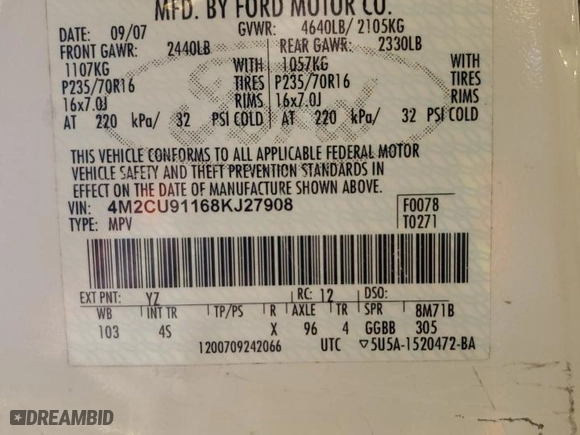 2008 Mercury Mariner with VIN 4M2CU91168KJ27908, listed as a Copart auction lot 42853165 with 0 mi miles and Clean Title. Bid and sale history available at carsss.com. Image 13.