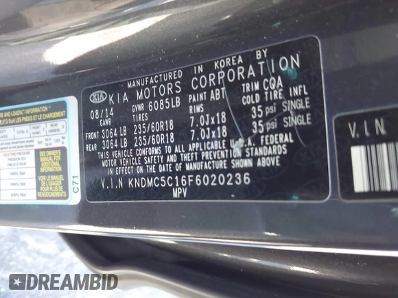 2015 Kia Sedona EX with VIN KNDMC5C16F6020236, listed as a IAAI auction lot 41805718 with 155,176 mi miles. Bid and sale history available at carsss.com. Image 9.