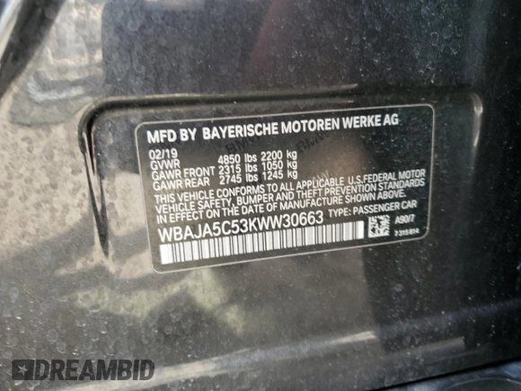 2019 BMW 5 Series 530i with VIN WBAJA5C53KWW30663, listed as a Copart auction lot 52177985 with 116,233 mi miles and Salvage Title. Bid and sale history available at carsss.com. Image 13.