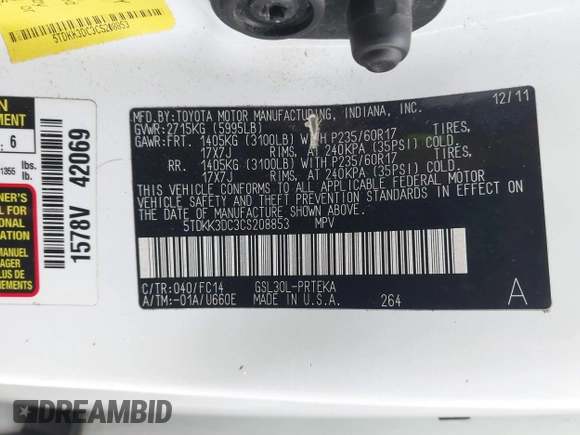 2012 Toyota Sienna LE AAS with VIN 5TDKK3DC3CS208853, listed as a IAAI auction lot 42205012 with 197,286 mi miles. Bid and sale history available at carsss.com. Image 9.