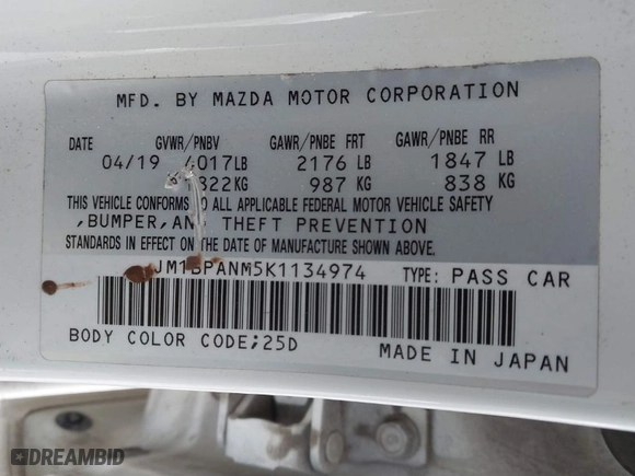 2019 Mazda Mazda3 Hatchback w/Premium Pkg with VIN JM1BPANM5K1134974, listed as a IAAI auction lot 41610402 with 110,055 mi miles. Bid and sale history available at carsss.com. Image 9.