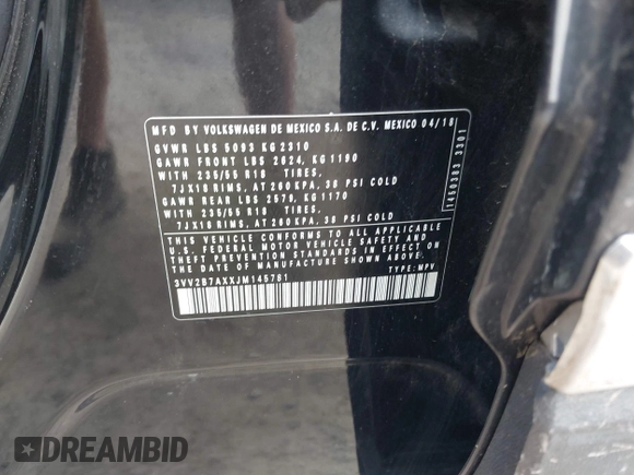 2018 Volkswagen Tiguan SEL z VIN 3VV2B7AXXJM145781, wystawiony jako IAAI lot #42273176 z przebiegiem 86 610 mil mil oraz . Historia ofert i sprzedaży dostępna na DreamBid. Obrazek 9.