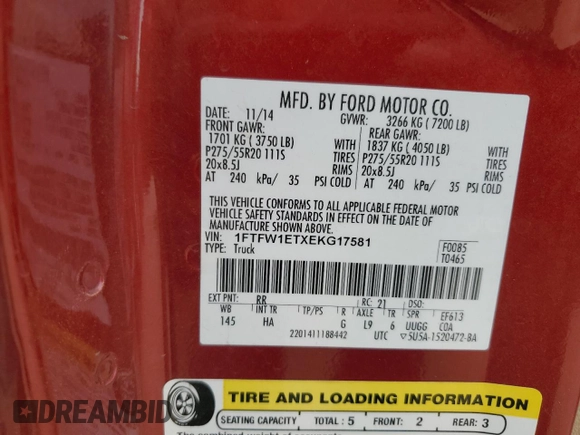 2014 Ford F-150 XL with VIN 1FTFW1ETXEKG17581, listed as a Copart auction lot 51266085 with 0 mi miles and Salvage Title. Bid and sale history available at carsss.com. Image 13.