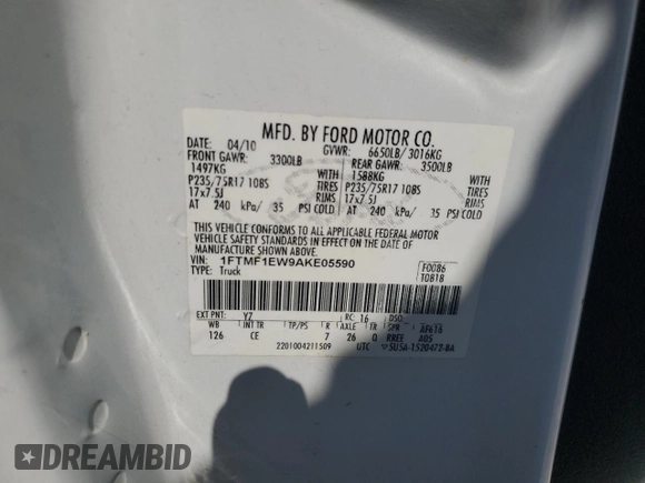 2010 Ford F-150 XL with VIN 1FTMF1EW9AKE05590, listed as a Copart auction lot 64293815 with 133,493 mi miles and Clean title. Bid and sale history available at DreamBid. Image 12.