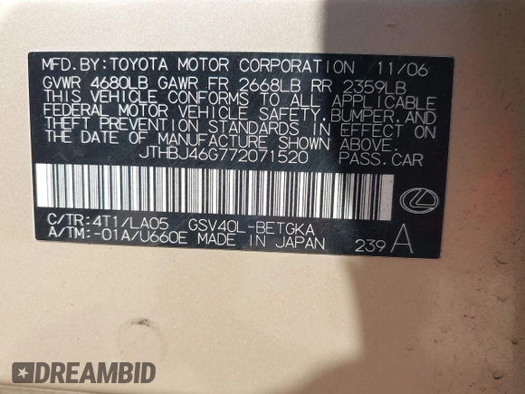 2007 Lexus ES 330 z VIN JTHBJ46G772071520, wystawiony jako IAAI lot #42558690 z przebiegiem 203 029 mil mil oraz . Historia ofert i sprzedaży dostępna na DreamBid. Obrazek 9.