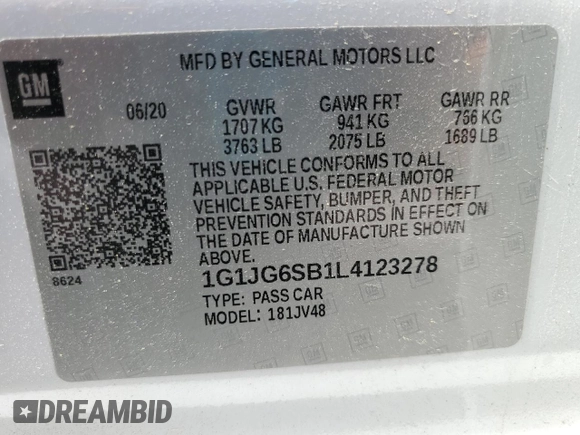 2020 Chevrolet Sonic LT z VIN 1G1JG6SB1L4123278, wystawiony jako Copart lot #52739725 z przebiegiem 58 567 mil mil oraz Szkody całkowita. Historia ofert i sprzedaży dostępna na DreamBid. Obrazek 12.