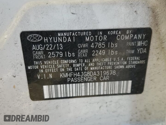 2013 Hyundai Azera with VIN KMHFH4JG8DA319678, listed as a Copart auction lot 41893075 with 157,552 mi miles and Salvage Title. Bid and sale history available at carsss.com. Image 14.