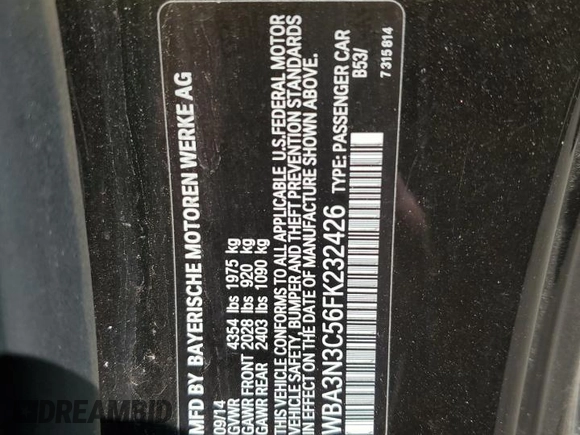 2015 BMW 4 Series 428i with VIN WBA3N3C56FK232426, listed as a Copart auction lot 54801005 with Not Provided miles and Clean Title. Bid and sale history available at DreamBid. Image 12.