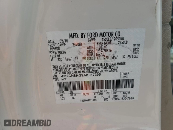 2010 Mercury Mariner Premier с VIN 4M2CN8HG9AKJ17395, выставлен на аукционе Copart как лот 56852285 с пробегом 159 695 миль миль и Списание • Salvage title. История ставок и продаж доступна на DreamBid. Изображение 13.