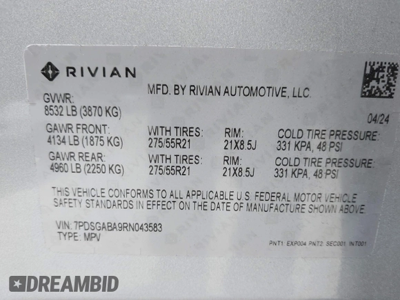 2024 Rivian R1S Adventure with VIN 7PDSGABA9RN043583, listed as a IAAI auction lot 41617148 with Not Provided miles. Bid and sale history available at carsss.com. Image 9.