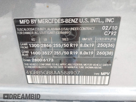 2010 Mercedes-Benz M 350 с VIN 4JGBB5GB8AA588907, выставлен на аукционе IAAI как лот 41505027 с пробегом 178 185 миль миль и . История ставок и продаж доступна на DreamBid. Изображение 9.