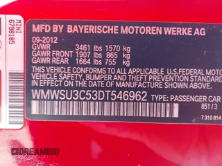 2013 MINI Hardtop z VIN WMWSU3C53DT546962, wystawiony jako IAAI lot #41355332 z przebiegiem 82 041 mil mil oraz . Historia ofert i sprzedaży dostępna na DreamBid. Obrazek 9.