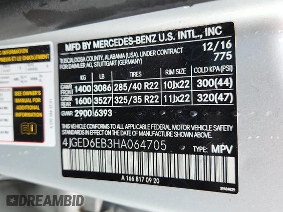 2017 Mercedes-Benz GLE 43 AMG with VIN 4JGED6EB3HA064705, listed as a Copart auction lot 61675435 with Not provided miles and Salvage title. Bid and sale history available at DreamBid. Image 13.