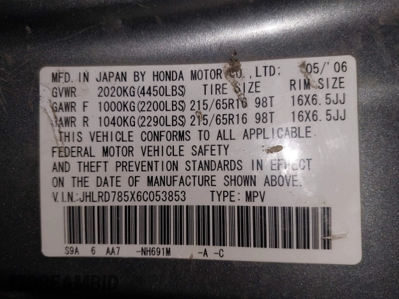 2006 Honda CR-V LX with VIN JHLRD785X6C053853, listed as a IAAI auction lot 42018895 with 246,316 mi miles and . Bid and sale history available at carsss.com. Image 9.