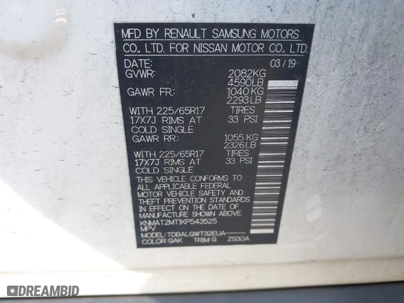 2019 Nissan Rogue SV with VIN KNMAT2MT1KP543525, listed as a IAAI auction lot 41443886 with NaN miles. Bid and sale history available at carsss.com. Image 9.