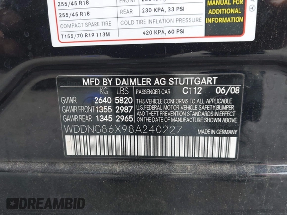 2008 Mercedes-Benz S 550 with VIN WDDNG86X98A240227, listed as a IAAI auction lot 41783980 with 155,929 mi miles and . Bid and sale history available at DreamBid. Image 9.