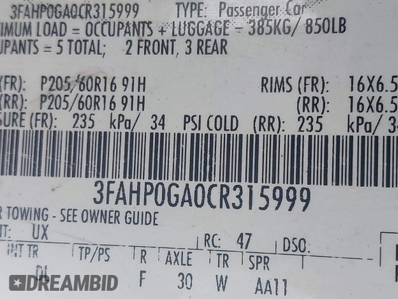 2012 Ford Fusion S with VIN 3FAHP0GA0CR315999, listed as a IAAI auction lot 40937858 with 164,719 mi miles. Bid and sale history available at carsss.com. Image 9.