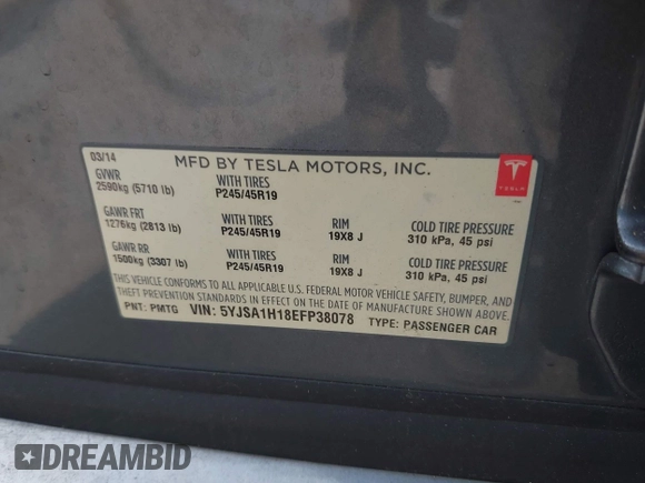 2014 Tesla Model S 60 with VIN 5YJSA1H18EFP38078, listed as a IAAI auction lot 42748619 with 159,285 mi miles and . Bid and sale history available at DreamBid. Image 9.