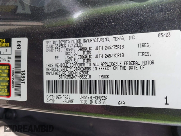 2023 Toyota Tundra with VIN 5TFKB5GDXPX002218, listed as a IAAI auction lot 41932719 with 71,335 mi miles and . Bid and sale history available at DreamBid. Image 9.