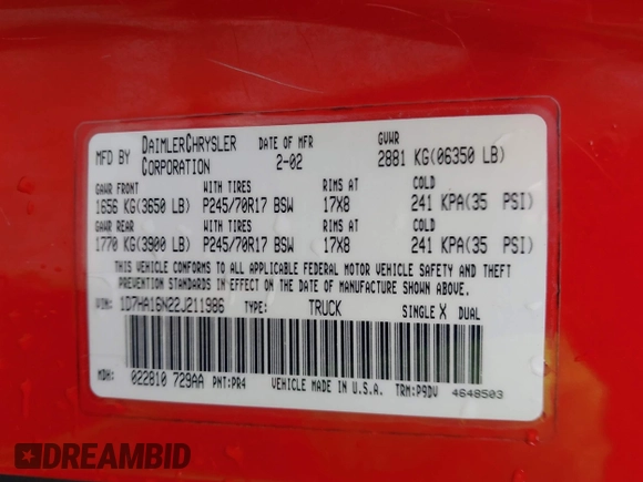 2002 Dodge 1500 with VIN 1D7HA16N22J211986, listed as a IAAI auction lot 41928194 with 150,356 mi miles and . Bid and sale history available at DreamBid. Image 9.