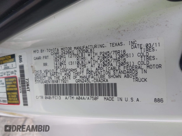 2011 Toyota Tacoma with VIN 5TFUU4EN1BX017921, listed as a IAAI auction lot 41500421 with 75,252 mi miles. Bid and sale history available at carsss.com. Image 9.