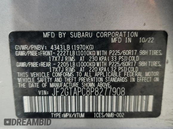 2023 Subaru Crosstrek Premium with VIN JF2GTAPC8P8277908, listed as a Copart auction lot 60709815 with 38,987 mi miles and Salvage title. Bid and sale history available at DreamBid. Image 14.