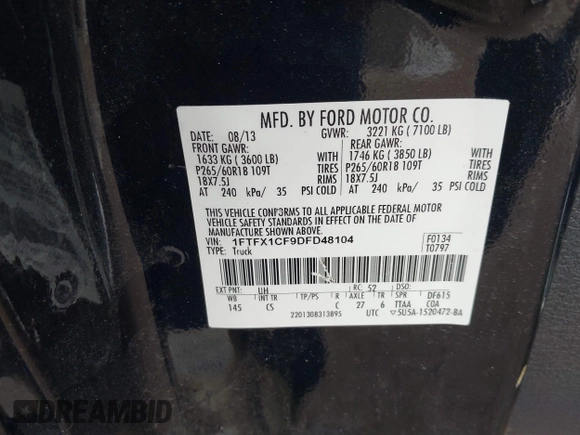 2013 Ford F-150 XL z VIN 1FTFX1CF9DFD48104, wystawiony jako IAAI lot #41562168 z przebiegiem 113 267 mil mil oraz . Historia ofert i sprzedaży dostępna na DreamBid. Obrazek 9.