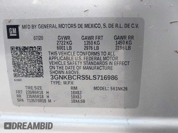 2020 Chevrolet Blazer LT with VIN 3GNKBCRS5LS716986, listed as a IAAI auction lot 42160327 with Not provided miles and . Bid and sale history available at DreamBid. Image 9.