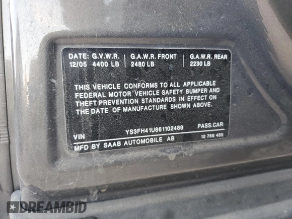 2006 Saab 9-3 Aero z VIN YS3FH41U861102489, wystawiony jako Copart lot #74814114 z przebiegiem Nie podano mil oraz Szkoda całkowita • Salvage title. Historia ofert i sprzedaży dostępna na DreamBid. Obrazek 13.