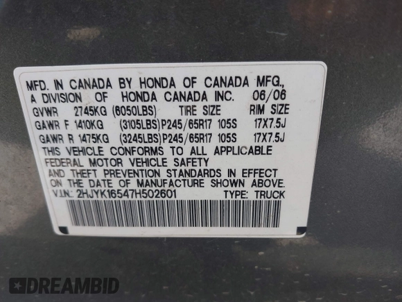 2007 Honda Ridgeline RTL with VIN 2HJYK16547H502601, listed as a IAAI auction lot 42484634 with 197,253 mi miles and . Bid and sale history available at DreamBid. Image 9.