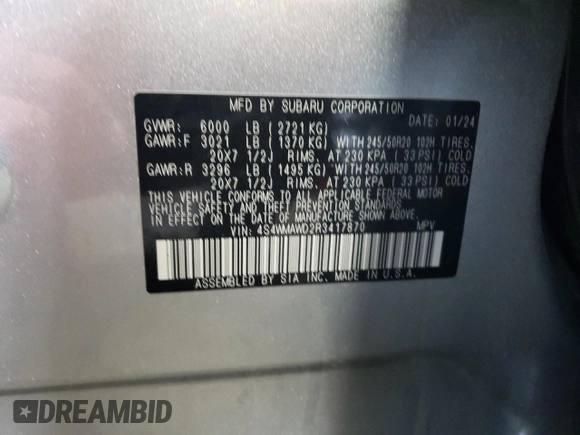 2024 Subaru Ascent Touring z VIN 4S4WMAWD2R3417870, wystawiony jako Copart lot #45973665 z przebiegiem 20 367 mil mil oraz Szkoda całkowita • Salvage title. Historia ofert i sprzedaży dostępna na DreamBid. Obrazek 16.
