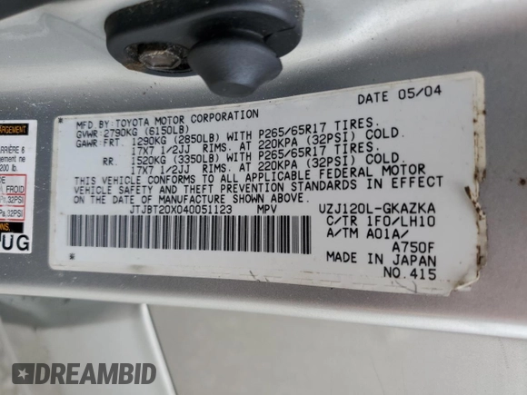 2004 Lexus GX 470 with VIN JTJBT20X040051123, listed as a Copart auction lot 56926705 with 258,751 mi miles and Clean Title. Bid and sale history available at DreamBid. Image 13.