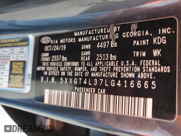 2020 Kia Optima LX z VIN 5XXGT4L37LG416665, wystawiony jako Copart lot #59749585 z przebiegiem 68 879 mil mil oraz Szkoda całkowita • Salvage title. Historia ofert i sprzedaży dostępna na DreamBid. Obrazek 13.
