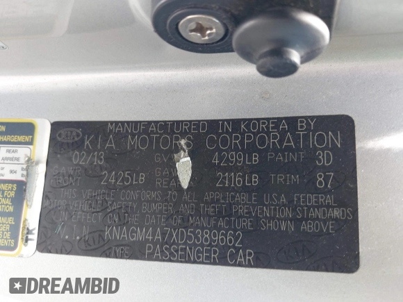 2013 Kia Optima LX z VIN KNAGM4A7XD5389662, wystawiony jako IAAI lot #42265945 z przebiegiem 164 488 mil mil oraz . Historia ofert i sprzedaży dostępna na DreamBid. Obrazek 9.