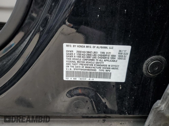 2017 Honda Pilot EX-L with VIN 5FNYF6H5XHB049465, listed as a Copart auction lot 49375195 with 59,802 mi miles and Salvage Title. Bid and sale history available at DreamBid. Image 16.