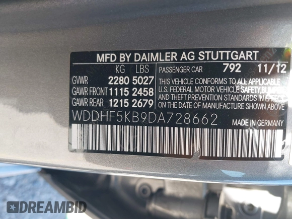 2013 Mercedes-Benz E 350 Luxury with VIN WDDHF5KB9DA728662, listed as a IAAI auction lot 42673110 with 102,824 mi miles and . Bid and sale history available at DreamBid. Image 9.