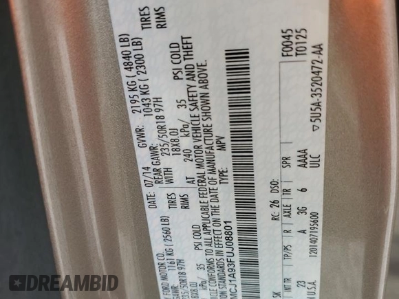 2015 Lincoln MKC with VIN 5LMCJ1A93FUJ08801, listed as a Copart auction lot 44330115 with 78,797 mi miles and Salvage Title. Bid and sale history available at carsss.com. Image 15.