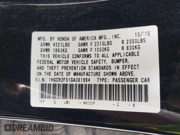 2016 Honda Accord Sport with VIN 1HGCR2F51GA061994, listed as a IAAI auction lot 42179004 with 117,880 mi miles and . Bid and sale history available at DreamBid. Image 9.