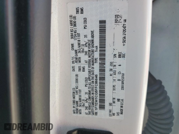 2015 Ford F-150 XL with VIN 1FTEW1CG5FFC86646, listed as a Copart auction lot 56131615 with 135,243 mi miles and Salvage title. Bid and sale history available at DreamBid. Image 13.