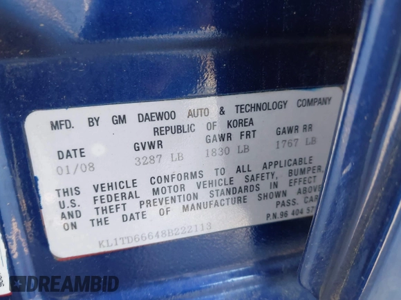 2008 Chevrolet Aveo LS with VIN KL1TD66648B222113, listed as a IAAI auction lot 41384996 with 135,794 mi miles and . Bid and sale history available at DreamBid. Image 9.