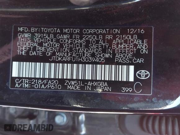 2017 Toyota Prius Two with VIN JTDKARFU1H3039405, listed as a IAAI auction lot 41834929 with 133,948 mi miles and . Bid and sale history available at DreamBid. Image 9.